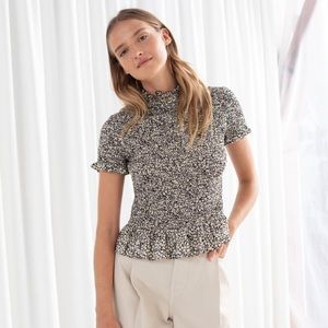 & Other Stories Floral Fitted Smocked Ruffle Top